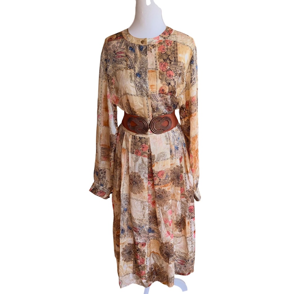 Via Condotti Vintage 100% Silk 2 Piece Set Blouse Skirt Floral‎ Paisley Tan 8/10